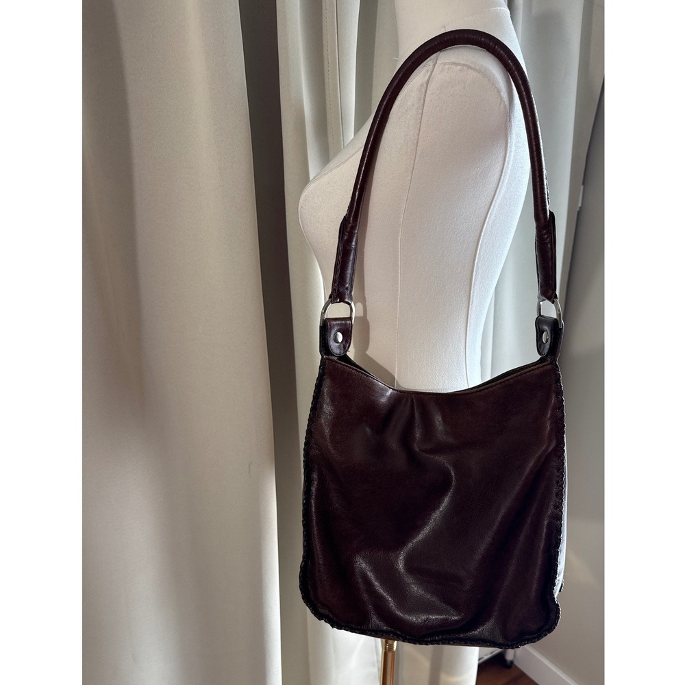 Sigrid Olsen Brown Leather Hobo Shoulder Bag Whipstitch Detail Bohemian Slouchy